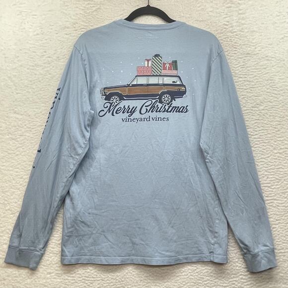 Vineyard Vines Shirt Mens Small Blue Long Sleeve Pocket Merry Christmas Whale - Picture 2 of 12